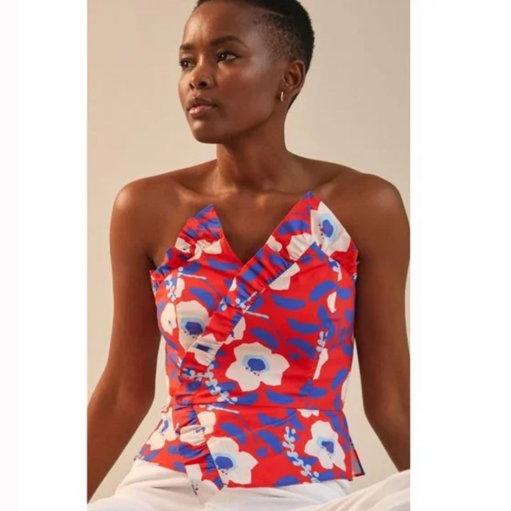 Anthropologie Red and Blue Floral Top